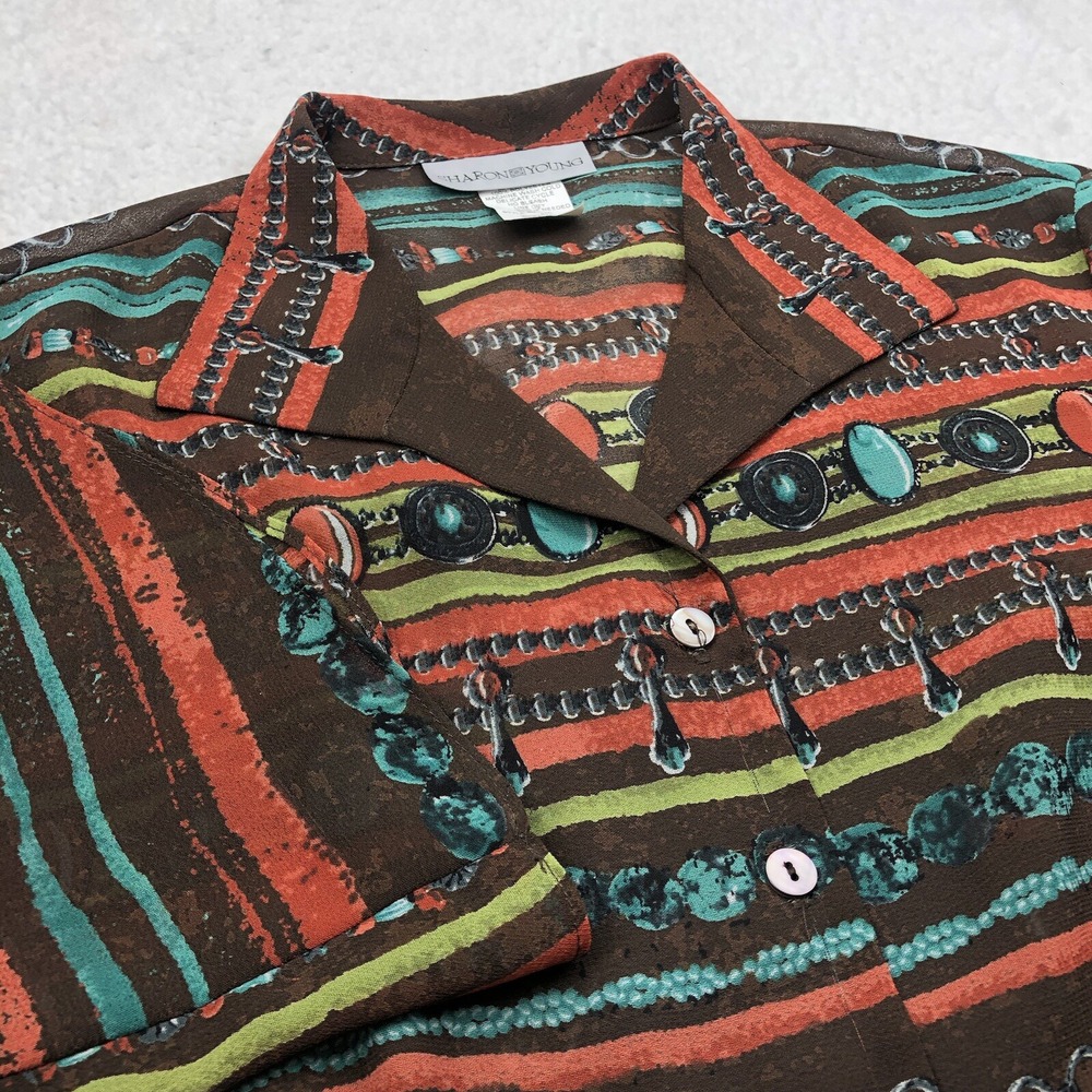 VTG Sharon Young Button Shirt Women 12 Geometric 3/4 Sleeve Bell Cuff MADE USA‎